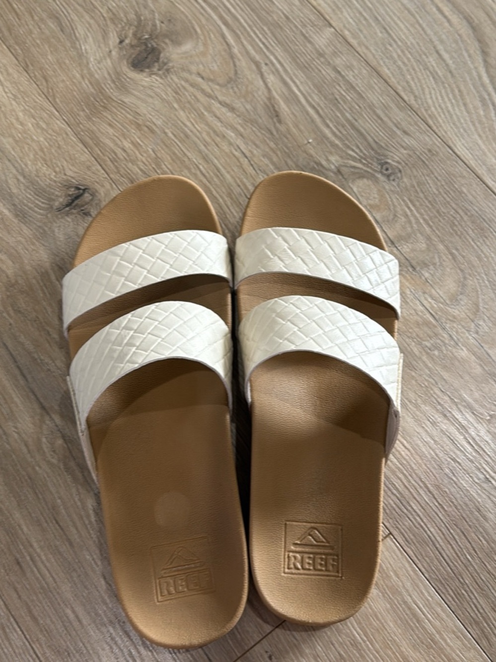 Reef Women’s White Double-Band Slide Sandals with Tan Footbed